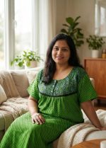 Comfortable Front Open Cotton Nighty With Buttons - 57 Inches long - Green