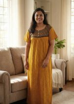 Comfortable Front Open Cotton Nighty With Buttons - 57 Inches long - Black + Yellow - Image 2