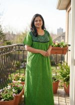 Comfortable Front Open Cotton Nighty With Buttons - 57 Inches long - Green - Image 2