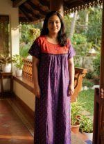 Comfortable Front Open Cotton Nighty With Buttons - 57 Inches long - Blue + Red - Image 2