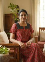 Front Open  Ajrak Cotton Nighty With Buttons, 55 Inches Long, Square Hacoba Neck - Red