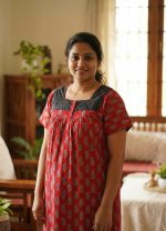 Front Open  Ajrak Cotton Nighty With Buttons, 55 Inches Long, Square Hacoba Neck - Red - Image 2