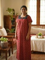 Front Open  Ajrak Cotton Nighty With Buttons, 55 Inches Long, Square Hacoba Neck - Red - Image 3