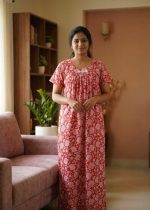 Traditional Cotton Nighty, 55 Inches Length - Red - Image 2