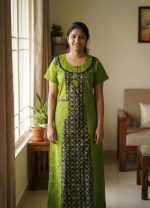 Comfortable Churidar Model Cotton Nighty - 55 Inches Long - Green - Image 5