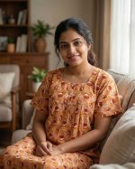 Comfortable Front Open Cotton Nighty With Buttons - 57 Inches long - Orange