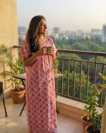 Comfortable Front Open Cotton Nighty With Buttons - 57 Inches long - Rose - Image 2