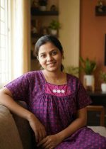 Traditional Cotton Nighty, 55 Inches Length - Dark Blue + Rose