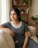 Comfortable Churidar Model Cotton Nighty with Peter-Pan Collar - 55 Inches Long - Black