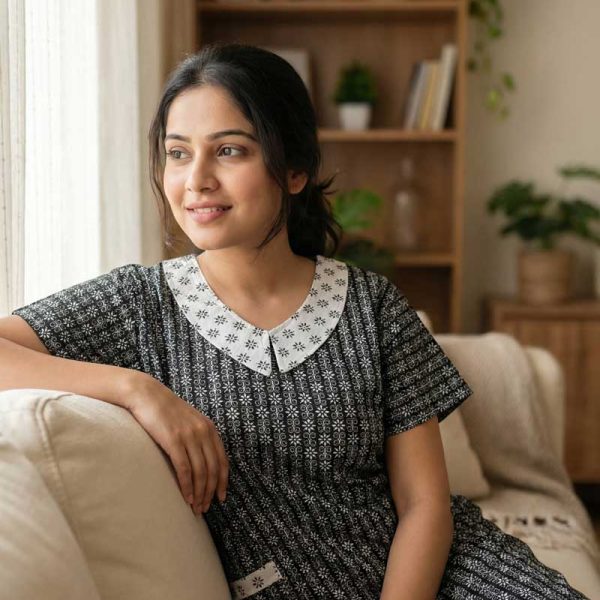 Comfortable Churidar Model Cotton Nighty with Peter-Pan Collar - 55 Inches Long - Black