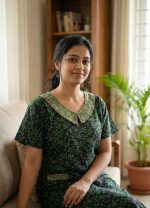 Comfortable Churidar Model Cotton Nighty with Peter-Pan Collar - 55 Inches Long - Black + Green