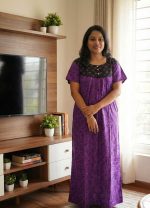 Comfortable Front Open Cotton Nighty With Buttons - 57 Inches long - Purple - Image 2