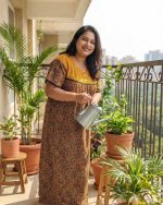 Comfortable Front Open Cotton Nighty With Buttons - 57 Inches long - Yellow + Black - Image 2