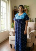 Comfortable Front Open Cotton Nighty With Buttons - 57 Inches long - Blue - Image 2