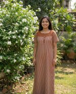 Comfortable Churidar Model Cotton Nighty with Buttons - 57 Inches Long - Brown + White lines - Image 2