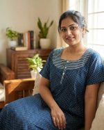 Comfortable Churidar Model Cotton Nighty with Buttons - 57 Inches Long - Blue