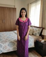 Comfortable Churidar Model Cotton Nighty with Buttons - 55 Inches Long - Violet - Image 2