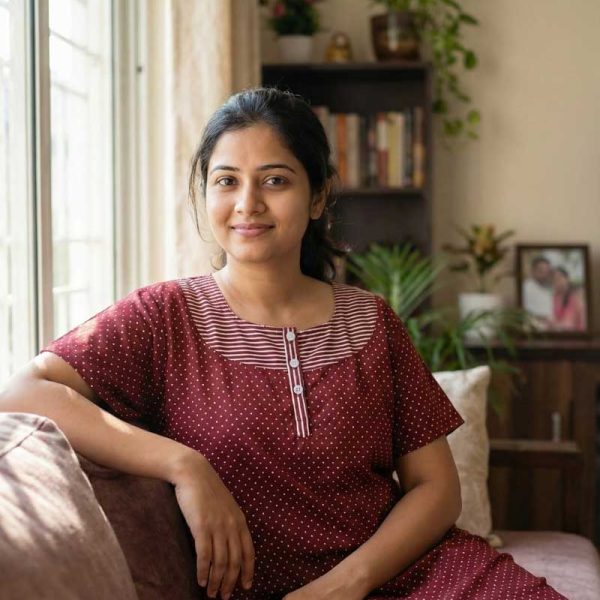 Comfortable Churidar Model Cotton Nighty with Buttons - 57 Inches Long - Maroon