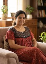 Comfortable Front Open Ajrakh Nighty With Buttons - 57 Inches long - Red + Dark Blue