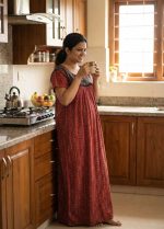 Comfortable Front Open Ajrakh Nighty With Buttons - 57 Inches long - Red + Dark Blue - Image 2