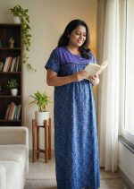 Comfortable Front Open Cotton Nighty With Buttons - 57 Inches long - Black + Blue - Image 2