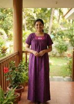 Traditional Cotton Nighty, 55 Inches Length - Dark Blue + Rose - Image 2