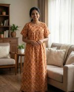 Comfortable Front Open Cotton Nighty With Buttons - 57 Inches long - Orange - Image 2