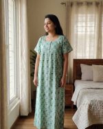 Comfortable Front Open Cotton Nighty With Buttons - 57 Inches long - Green - Image 2