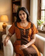 Comfortable Churidar Model Cotton Nighty, 55 Inches Long - Orange +Brown