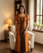 Comfortable Churidar Model Cotton Nighty, 55 Inches Long - Orange +Brown - Image 2