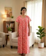 Front Open Fabric Cotton Nighty With Buttons, 55 Inches Long - Peach - Image 2