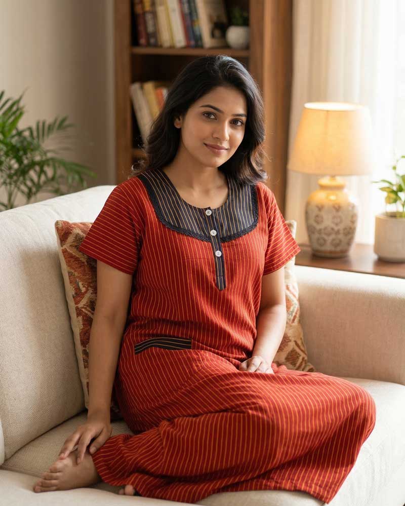 14a Comfortable Churidar Model Cotton Nighty, 55 Inches Long - Red - Image 1
