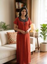 Comfortable Churidar Model Cotton Nighty, 55 Inches Long - Red - Image 2