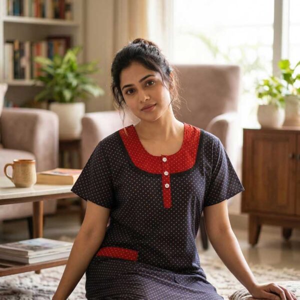 Comfortable Churidar Model Cotton Nighty, 55 Inches Long - Blue