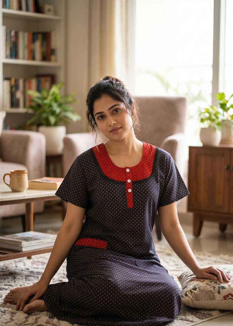 16c Comfortable Churidar Model Cotton Nighty, 55 Inches Long - Blue - Image 1