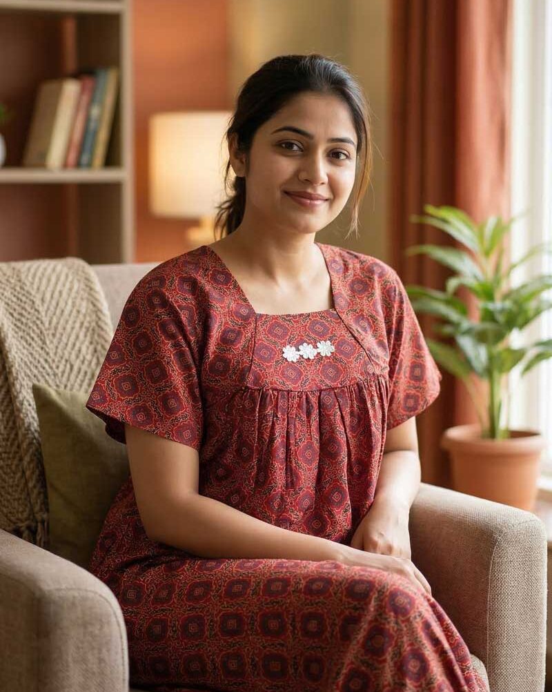 18a Traditional Ajrakh Nighty, 55 Inches Length - Red - Image 1