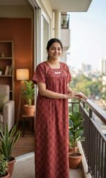 Traditional Ajrakh Nighty, 55 Inches Length - Red - Image 2