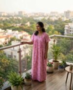 Front Open Fabric Cotton Nighty With Buttons, 55 Inches Long - Rose - Image 2