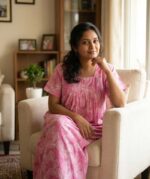 Front Open Fabric Cotton Nighty With Buttons, 55 Inches Long - Rose