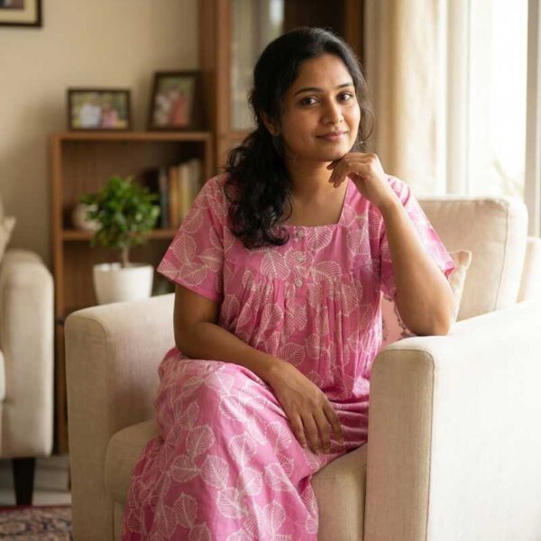 Front Open Fabric Cotton Nighty With Buttons, 55 Inches Long - Rose