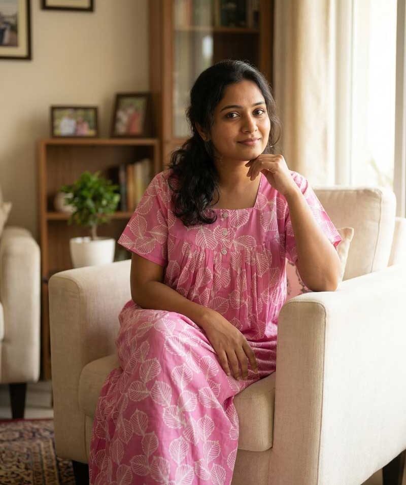 19c Front Open Fabric Cotton Nighty With Buttons, 55 Inches Long - Rose - Image 1