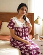 Traditional Cotton Nighty, 55 Inches Length, Hacoba Yoke - Violet