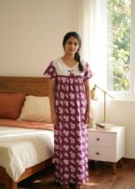 Traditional Cotton Nighty, 55 Inches Length, Hacoba Yoke - Violet - Image 2