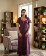 Comfortable Churidar Model Cotton Nighty, 55 Inches Long - Purple - Image 2