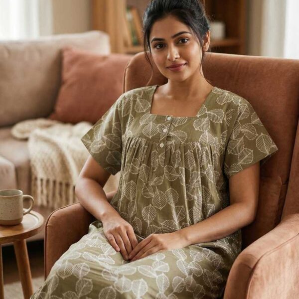 Front Open Fabric Cotton Nighty With Buttons, 55 Inches Long