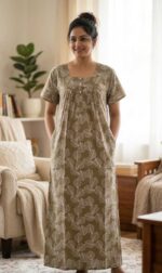 Front Open Fabric Cotton Nighty With Buttons, 55 Inches Long - Image 2