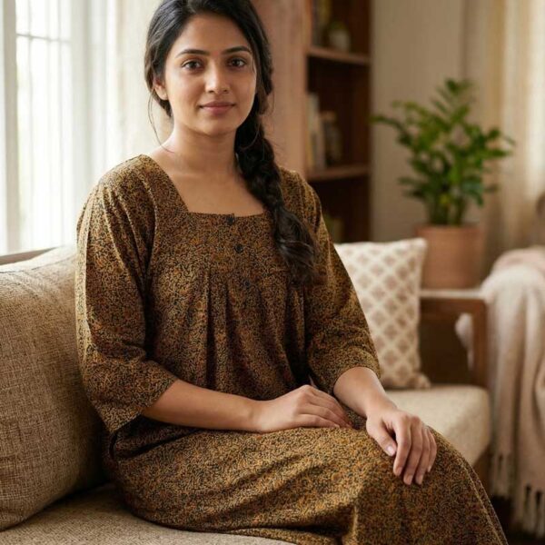 Comfortable Churidar Model Cotton Nighty, 55 Inches Long, 3/4th Sleeves - Yellow