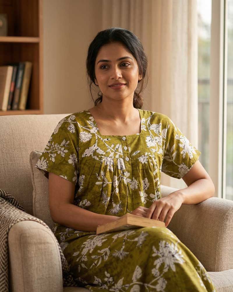 24a Front Open Cotton Nighty With Buttons, 55 Inches Long - Green Yellow - Image 1