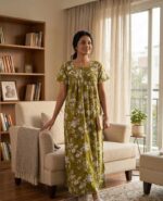 Front Open Cotton Nighty With Buttons, 55 Inches Long - Green Yellow - Image 2