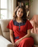 Comfortable Churidar Model Cotton Nighty, 55 Inches Long - Red